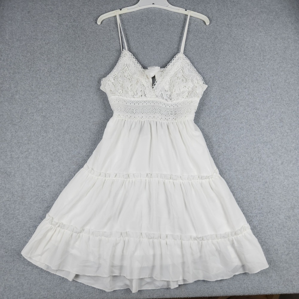 Ecowish Tiered Mini Sundress Womens Small White Crochet Lace Bodice Bow-Tie Back